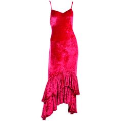 This is a gorgeous raspberry pink crushed velvet Sonia Rykiel vintage dress with a unique double layered ruffled high to low hem. It has spaghetti straps and buttons up the back with velvet covered buttons. It has one smudge in the front, but it is not noticeable when worn due to the nature of crushed velvet. Made in France. BUST: 36" WAIST: 34" HIPS: 40" LENGTH from top of strap to hem: 50" (in front)-57" (in back) STRAP: 17" Vintage Dresses 1940s, Pink Evening Gowns, 1970 Dress, Vintage Evening Gowns, Vintage Formal Dresses, Crushed Velvet Dress, Raspberry Pink, Silk Floral Dress, Sequin Cocktail Dress