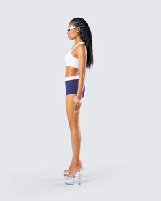 Being the hottest b*tch alive gets exhausting sometimes, don't forget to rest up 😏 This two-piece set featuring a white cropped tank paired with navy blue boy shorts is the perf look for some well deserved R&R 💙 Rest Up, Black Off Shoulder, Body Reference Poses, Blue Boy, Body Reference, Graphic Top, Reference Poses, White Jersey, Pocket Pants