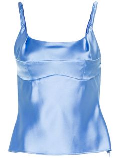 iris blue satin finish U-neck concealed side zip fastening twisted shoulder straps V-back straight hem Sequins Top Outfit, Light Blue Tank Top, Moschino Jeans, Satin Tank Top, Ibiza Outfits, Light Blue Top, Fashion Moodboard, Office Inspo, City Dress