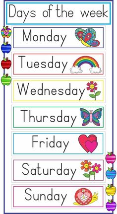 the days of the week poster is shown in blue and white with rainbows, hearts,