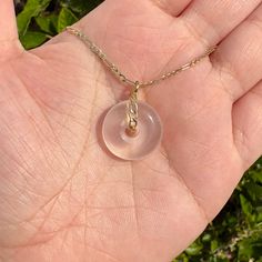 "💗 Rose Quartz Donut Necklace 💗 - 19.5\" Gold Filled Figaro Chain Rose quartz promotes unconditional love, forgiveness, compassion, self-love, and joy.  ✨Please Read Before Purchasing✨ All photos and videos are taken in natural light. Please note that the colors may appear different depending on the lighting. Please read the shipping information, FAQ, and policies before purchasing.  If you have any questions, please contact us. Thank you so much for supporting us and stopping by! 💜" Crystal Donut Necklace, Pink Jewelry For Meditation, Rose Quartz Jewelry For Meditation, Round Rose Quartz Jewelry For Meditation, Rose Quartz Round Pendant Crystal Necklace For Gift, Spiritual Rose Quartz Round Pendant Necklace, Spiritual Round Gemstone Charm Necklace, Spiritual Gemstone Charm Necklaces, Everyday Round Gemstone Crystal Necklace