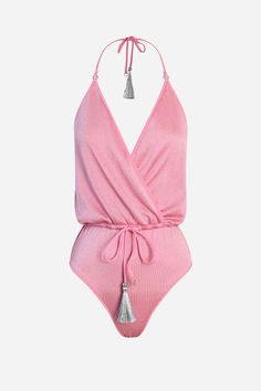 Bubblegum Pink swimsuit that glistens in the sun Makes for a beautiful top All our swimwear is made for both pools & the ocean Adjustable waist to accentuate your figure; no padding Silver tassels and signature ring detailing - do you know the story? Sophie is 179cm / 5'10.5" and wears S;Isabelle is 175cm / 5’8" and wears L Ethically made in Portugal - Eyelet embellished - Adjustable front for full or cheeky coverage - Adjustable straps for a comfortable fit - No padding - Ethically made in Port Party Beachwear With Tie-side Bottom, Glamorous Halter Neck Top For Beach, Glamorous Summer Swimwear For Pool, Glamorous Summer Pool Swimwear, Glamorous Backless Swimwear For The Beach, Glamorous Summer Party Swimwear, Glamorous Backless Beach Swimwear, Glamorous Summer Swimwear For Vacation, Glamorous Summer Vacation Swimwear