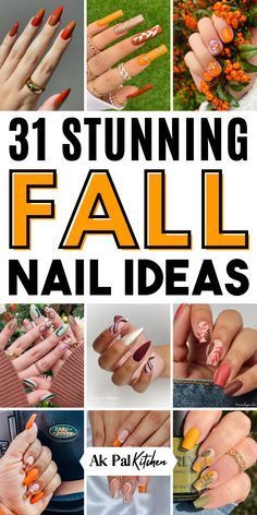 Fall Colored Nail Designs, Multiple Color Nails Fall, Fall Nails Nail Art, Early Fall Nail Colors, Weather Nails, September Nails Art, Pumpkin Nail Designs, Leaf Nails, Fall Season Nails