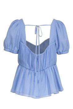 Designed with a feminine peplum silhouette in a light blue, this whimsical Self-Portrait top can be worn to various events during the day. The ruched pleated sweetheart neckline adds some feminine flare to this spring look. Keep it casual by pairing with your favorite jeans and a kitten heel! Size 10 100% Polyester Back zipper w/ tie back Sweetheart Neckline Short puff sleeve Ruched bodice Peplum Bust 36" Waist 33" Shoulder to hem 23" Sleeve length10.5" Ruched Fitted Peplum Top For Spring, Fitted Ruched Peplum Top For Spring, Chic Fitted Ruched Peplum Top, Chic Tops With Fitted Bodice For Spring, Chic Spring Tops With Fitted Bodice, Chic Fitted Bodice Tops For Spring, Chic Tops With Ruched Sweetheart Neckline, Chic Ruched Tops With Sweetheart Neckline, Chic Tops With Ruffles And Fitted Bodice