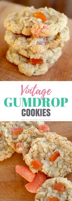 three cookies with carrots on top and the words vintage gumdrop cookies above them