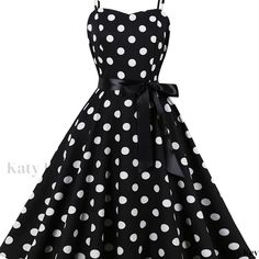 Katykey - Vintage Polka Dot Print Spaghetti Strap Dress, Knot Sleeved Sleeveless Modish Swing Lace Up A-line Garment, Womens Attire Vintage Black Spaghetti Strap Dress, Luxury Sleeveless Polka Dot Dress, Polka Dot Sleeveless A-line Dress, Polka Dot Sleeveless A-line Dress For Summer, Dress Knot, 1950s Style Polka Dot Knee-length Dress, 1950s Style A-line Polka Dot Dress, Sunday Clothes, Spaghetti Strap Dress