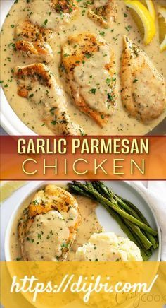 garlic parmesan chicken with asparagus and mashed potatoes