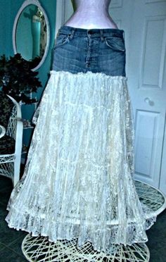 Ruffle lace jean skirt ivory French cream fairy goddess beach - Etsy.de Jean Mermaid Skirt, Diy Demin Skirts, Jean Skirt Upcycle, Skirt Over Jeans Outfit, Denim Crafts Upcycling, Diy Lace Skirt, Upcycle Jeans Skirt, Diy Jean Skirt, Skirt From Jeans