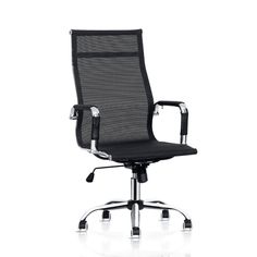 an office chair with chrome legs and black mesh upholstered seat, viewed from the front