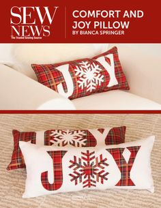 two pillows with snowflakes on them and the words joy written in red are shown