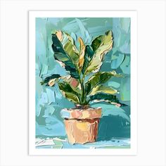 a painting of a potted plant with green leaves on the top and blue background