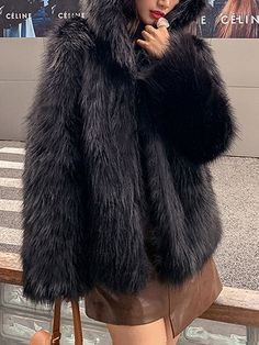 Black Thick Outerwear For Fall, Thick Black Outerwear For Fall, Black Faux Fur Coat For Cold Weather, Warm Faux Fur Coat For Fall, Black Fluffy Hooded Outerwear, Black Fur Coat With Faux Fur Trim For Winter, Black Faux Fur Coat For Winter, Black Fluffy Fur Coat For Cold Weather, Fluffy Black Fur Coat For Cold Weather