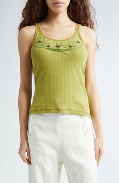 Delicate beading and contrast zigzag stitching enliven this staple tank crafted from stretchy cotton-blend rib. 23" length (size Medium) Scoop neck 100% cotton Machine wash, dry flat Made in Portugal Designer Clothing Green Cotton Tank Top For Spring, Spring Cotton Crew Neck Tank Top, Spring Crew Neck Cotton Tank Top, Fitted Cotton Tank Top With Floral Embroidery, Embroidered Cotton Camisole Top, Casual Embroidered Fitted Tank Top, Cotton Cami Tank Top With Floral Embroidery, Fitted Floral Embroidery Tank Top For Spring, Spring Cotton Tank Top