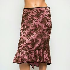 This Is A Lovely Pink Skirt With A Brown Lace Overlay By Ingwa Melero! It Has A High-Low Design, Is Trimmed In Brown Charmeuse Silk, And Is High Quality And Beautiful, Pairing Nicely With A Brown Silk Blouse Or Cami. I Am Listing It As New With Defects As There Is A Bit Of Dirt On The Inside Of The Skirt From Handling In-Store, So It Does Need Cleaned. It Was Sold To Me As A Showroom Sample, So It Does Not Have A Size Tag Sewn In, But Was Sold To Me As A Small. Elegant Pink Pencil Skirt For Parties, Elegant Pink Evening Skirt, Pink Midi Skirt For Evening, Fitted Pink Pencil Skirt For Party, Pink Evening Skirt, Pink Lace Tiered Skirt, Elegant Long Pink Skirt, Pink Tiered Skirt For Evening, Pink Tiered Evening Skirt