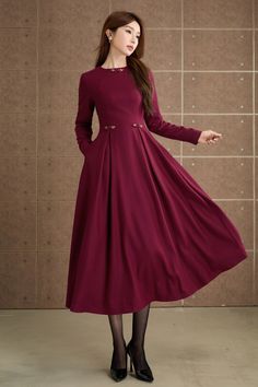 The attention to detail in the construction of this long burgundy wool dress is evident in every stitch, show casing the craftsmanship and expertise that went into its creation.  For anyone looking to stay stylish during the colder seasons.  DETAIL * 30% wool, 30% fiber, 40% polyester * Fully satiny lining, more nice to the touch body * Two side seam pockets * Back zipper closure * Long dress * A Line wool dress * Retro wool dress, Mod clothing * For autumn and winter * Lean More about the items From the FAQs on the page bottom More color in No.3: https://etsy.me/4fGTZ6f MODEL SIZE Bust 85 cm(33.4") Waist 67 cm(26.7") Height 168cm (5' 6") She wears size XS Choose CUSTOM Order if you * Need a better fit * Can't find your size in our size Chart * Change the Style * Chang the Length * Your He Wool Dress Winter, Long Wool Dress, Mod Clothing, Warm Dress, Midi Dress For Women, Custom Dress, Long Sleeve Prom, Dress Winter, Dress Making Patterns