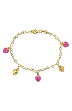 Alternating enamel heart charms dangle from a delicate chain bracelet fashioned from heart-shaped links for a sweet statement look. Lobster clasp Sterling silver/18-karat yellow gold/enamel Made in Italy Dainty Pink Heart Charm Bracelet, Pink Enamel Dangle Jewelry, Dainty Pink Jewelry With Dangling Charms, Pink Heart-shaped Dangling Charms, Heart-shaped Charm Bracelet With Dangling Charms For Valentine's Day, Pink Heart-shaped Jewelry With Dangling Charms, Pink Charm Bracelet For Valentine's Day With Lobster Clasp, Pink Charm Bracelet, Pink Charm