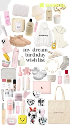 a bunch of items that are on top of a white background with the words, my dream birthday wish list