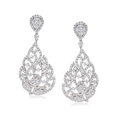 Ross-Simons - 5.75 ct. t. w. Diamond Teardrop Earrings in 18kt White Gold. Emulating the elegance of a peacock's beautiful feathers, these drop earrings are undeniably stunning. Featuring leafy open-spaced teardrops suspending from pear-shaped clusters above, both entirely adorned by 5.75 ct. t. w. multi-shaped diamonds, this pair exudes a gorgeous glimmer with every slight turn and twist. Set in 18kt white gold. Hanging length is 2". Clip/post, diamond teardrop earrings. Diamond birthstones are Beautiful Feathers, April Birthday, Diamond Birthstone, Fine Jewelery, Earrings Diamond, Diamond Drop Earrings, Diamond Drops, Teardrop Earrings, Pear Shaped