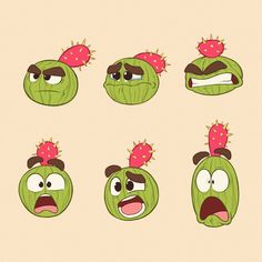 cartoon faces with different expressions and hair styles on them, including an angry green apple