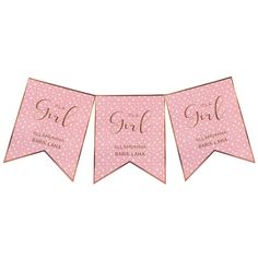 three pink and white polka dot bunting banners with the words girl on them,