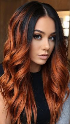 Black Copper Ombre Hair, Dark And Copper Hair, Hair Color To Make Green Eyes Pop, Winter Copper Hair Color, Copper Hair With Peekaboo, Cowboy Copper Bayalage, Dark Brown Hair With Copper Balayage, Copper And Dark Brown Hair, Curly Hair Copper Highlights