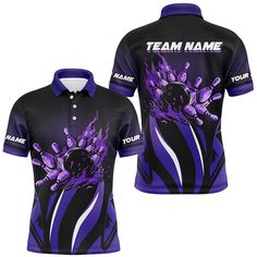 a purple and black polo shirt with an image of flowers on the front, along with text that reads team name