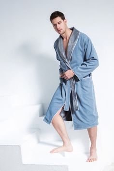 Men's Blue Plush Lined Double Layer Microfiber Robe Spa Robes, Men Spa, Soft Robes, Luxurious Spa, Trim Styles, Evening Routine, Black Luxury, Luxury Spa, Mens Luxury