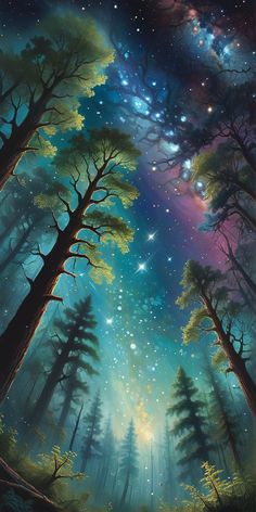 a painting of the night sky with stars and trees in the foreground, as well as