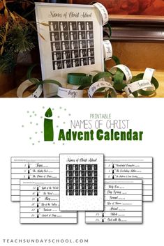 a calendar with names and dates on it in front of a christmas tree, surrounded by greenery