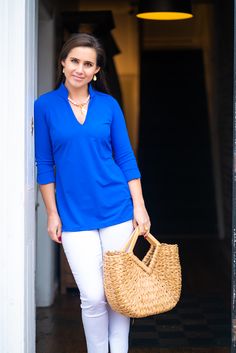 Katherine Way Largo Tunic Elegant Spring Tunic With Split Neck, Fall Split Neck Tunic, Elegant Split Neck Tunic For Spring, Elegant Split Neck Spring Tunic, Chic Spring Tunic For Workwear, Chic V-neck Tunic For Workwear, Chic Spring Workwear Tunic, Versatile Spring Tunic, Royal Blue Tops