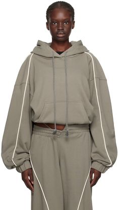 French terry hoodie. · Drawstring at hood · Kangaroo pocket · Elasticized cropped hem and cuffs · Piping at sleeves · Dropped shoulders Supplier color: Sage Hoodie Techwear, Adventure Fashion, Fashion Draping, Sportswear Outfits, Sports Wear Women, French Terry Hoodie, Hoodie Brands, Looks Street Style, Style Hoodie