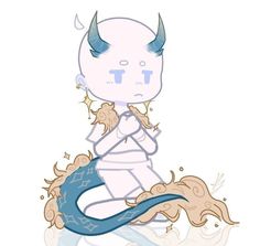 a cartoon character sitting on top of a blue and white mermaid tail, with horns