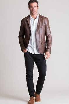 The Joshua showcases a classic 2-button/3-pocket design in washed lambskin leather with a vintage look, finished with a rear center vent. Free shipping   returns. Brown Business Casual Sport Coat For Spring, Brown Spring Sport Coat For Business Casual, Masculine Fitted Leather Jacket, Casual Leather Blazer With Pockets, Masculine Styled Fitted Leather Jacket For Work, Leather Jacket With Welt Pockets For Office, Tailored Leather Jacket For Fall, Classic Formal Leather Jacket For Spring, Brown Leather Button-up Blazer