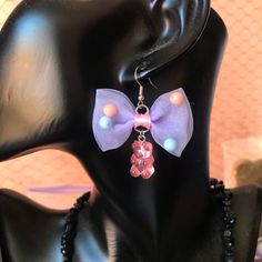 Purple Kawaii Bow Earrings With Pink Gummy Bear Dangle Charms. Super Cute! Ooak Nwt Playful Purple Dangle Jewelry, Whimsical Purple Drop Earrings, Kawaii Multicolor Party Jewelry, Cute Purple Dangle Jewelry, Fun Purple Jewelry For Gifts, Playful Purple Jewelry For Party, Whimsical Handmade Purple Earrings, Playful Purple Party Jewelry, Kawaii Dangle Jewelry For Party