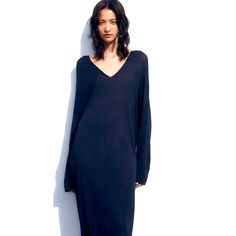 Midnight Blue Color Dress Casual Fall Evening Maxi Dress, Casual Evening Maxi Dress For Fall, Casual Knit Sweater Dress For Evening, Casual Long Midi Dress For Evening, Blue V-neck Sweater Dress For Spring, Blue Knit V-neck Dress, Long Sleeve Knit Dress For Date Night, Knit V-neck Dress For Date Night, Fall Evening V-neck Sweater Dress