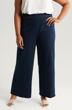 Be equal parts polished and comfortable in these incredible stretchy cotton pants perfected by a high-rise waist. 28" inseam; 12 1/2" leg opening; 14" front rise; 17 1/2" back rise Pull-on style Back patch pockets 95% cotton, 5% spandex Machine wash, line dry Imported Stretch High Rise Pull-on Pants, High Rise Bottoms With Comfort Stretch And Elastic Waistband, High Rise Pants With Elastic Waistband And Comfort Stretch, Stretch Cotton Dark Wash Pants, Dark Wash Cotton Wide Leg Pants, Dark Wash Comfort Stretch Straight Leg Bottoms, Solid Stretch Pants With Five Pockets, High Waist Cotton Bottoms With Comfort Stretch, High Waist Comfort Stretch Cotton Bottoms