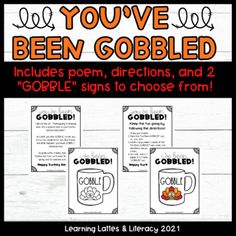 the book you've been gobbled includes poem, directions and 2 people signs to choose from