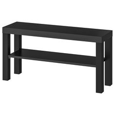 a black table with two shelves on each side and one shelf below it for storage