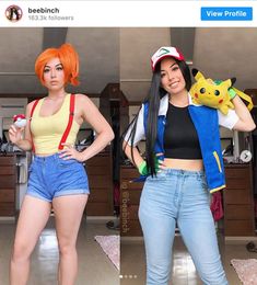 two women in pokemon costumes posing for the camera, one with an orange hair and blue denim shorts