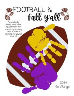 the football and fall y'all poster is shown in purple, yellow and orange