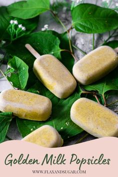 coconut golden milk popsicles on a leafy surface