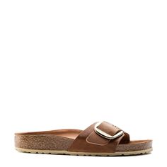 Birkenstock Women's Madrid Big Buckle Narrow Width Sandal Casual Round Toe Slides With Tang Buckle, Casual Slides With Tang Buckle And Round Toe, Spring Slip-on Footbed Sandals With Tang Buckle, Brown Footbed Sandals With Arch Support For Spring, Brown Slides With Leather Footbed For Everyday, Casual Leather Footbed Sandals With Tang Buckle, Brown Footbed Sandals With Arch Support, Everyday Leather Footbed Slip-on Sandals, Flat Sandals With Buckle Closure For Everyday