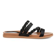 Who wouldn�t want the Colette sandal by Journee Collection! This adorable sandal is an easy slip-on style that features a flexible outsole. This sandal comes in so many fun colors and a braided crossover strap design. Step into a fun summer sandal today! Faux leather upper,Slip-on entry,Approx. 1 inch heel,Open toe,Padded footbed for added comfort,Flexible rubber outsole | Women's Journee Collection Colette Sandals in Black Size 5.5 Medium Shoe Carnival, Cute Sandals, Journee Collection, Fun Summer, Strap Design, Womens Sandals Flat, Sandals Summer, Black Sandals, Crossover