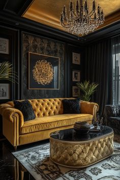 an elegant living room with black walls, gold furniture and a chandelier hanging from the ceiling