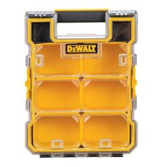 a yellow and black tool box with compartments