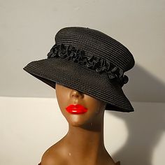 Nwot Liz Claiborne Designer Hat, Black, Lace Flowered Band W/Round Brim New W/O Tags Vintage Black Mini Hats For Summer, Vintage Black Mini Hat For Spring, Black Wide Brim Boater Hat For Spring, Vintage Black Bucket Hat, Vintage Black Hat For Spring, Vintage Black Brimmed Sun Hat, Black Brimmed Mini Hats For Garden Party, Black Summer Boater Hat With Short Brim, Black Boater Hat For Spring And Summer