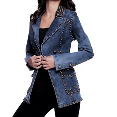 Adore Women's Small Studded Denim Blazer Jacket Nwt Blue Double Breasted Flap Pockets Brand New With Tags. Ladies Denim Jacket In A Blazer Cut With Gold-Tone Stud Details. See Pictures For Measurements. Comes From A Non-Smoking Home. Ships Quickly. Winter Long Sleeve Denim Blazer, Long Sleeve Denim Blazer For Winter, Winter Denim Blazer With Long Sleeves, Winter Denim Blue Blazer With Pockets, Denim Blazer With Long Sleeves For Winter, Fitted Long Sleeve Medium Wash Blazer, Fitted Medium Wash Long Sleeve Blazer, Fitted Long Sleeve Blazer In Medium Wash, Winter Denim Blue Long Sleeve Blazer