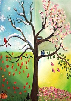 a painting of a tree with birds on it