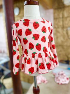 Strawberry top or dress made of ribbed knit. We offer in this listing,  Peplum top or Dress, or belle pants. Spring Matching Set Tops For Playwear, Playful Tops For Spring Loungewear, Sweet Fitted Tops For Spring, Playful Spring Loungewear Tops, Cute Fitted Long Sleeve Tops, Sweet Fitted Tops For Summer, Playful Long Sleeve Tops With Matching Set, Pink Fall Playwear Top, Cute Matching Set Top For Loungewear