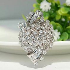 a white plate topped with a ring covered in lots of diamonds